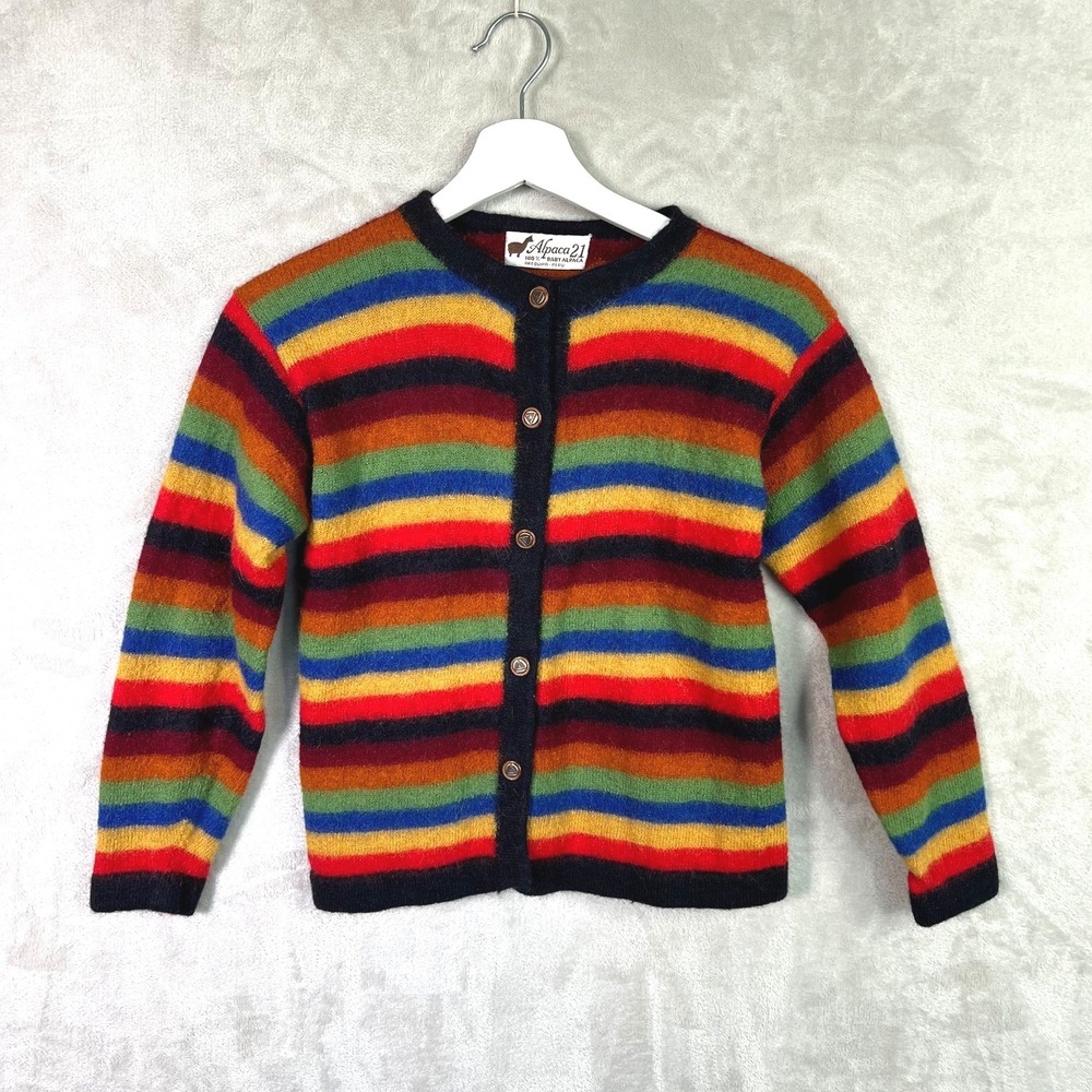 Alpaca21 100%‎ Baby Alpaca Rainbow Stripe Cardigan Sweater Womens Peru Artsy